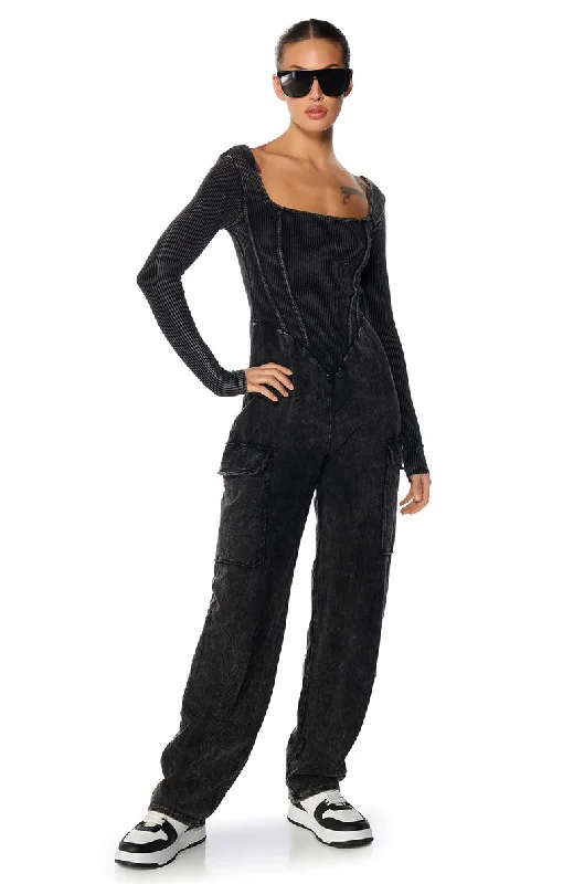 Women's Trendy Apparel Refined Look MILLIE MINERAL WASH CARGO JUMPSUIT IN BLACK