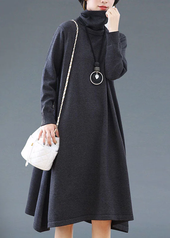 Women's Elegant Evening Outfit Dreamy Draping Simple Dark Grey Turtleneck Striped Patchwork Woolen Dress Fall