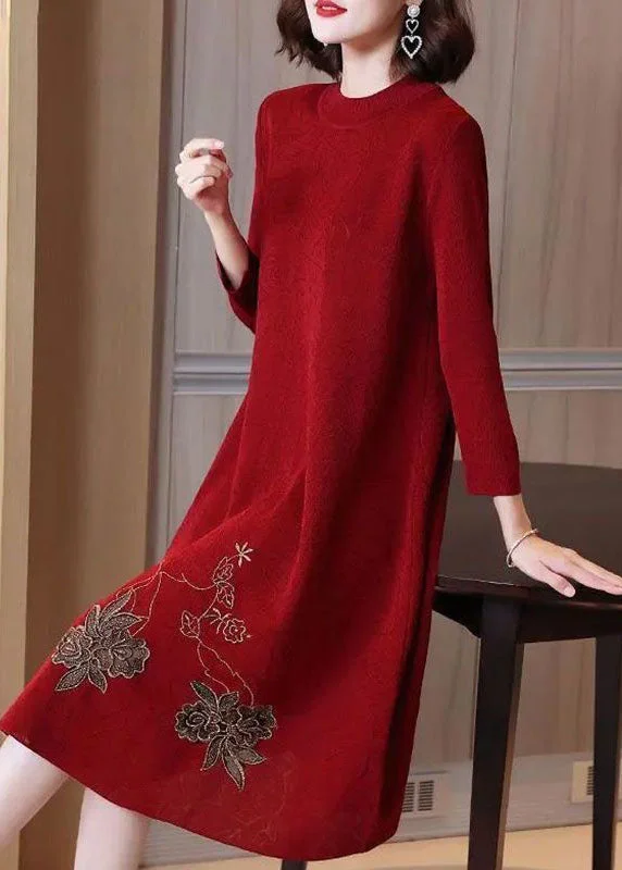 Women's Casual Wear Clothing Premium Style Stylish Red O-Neck Embroideried Knit Sweater Dress Spring