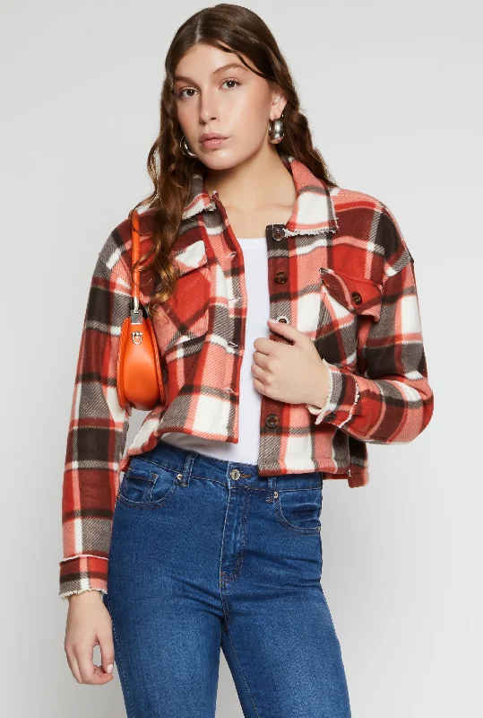 Chic Clothes For Women Flash Deals Plaid Sherpa Lined Cropped Button Front Shacket