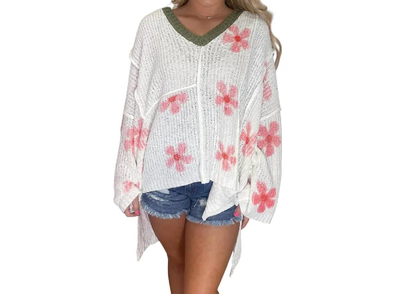 Casual Outfit For Women Mid - Season Sale Flower Hooded Oversized Sweater In Ivory/pink