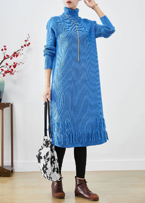 Women's Evening Outfit Feminine Charm Women Blue Turtle Neck Tasseled Knitted Dress Fall