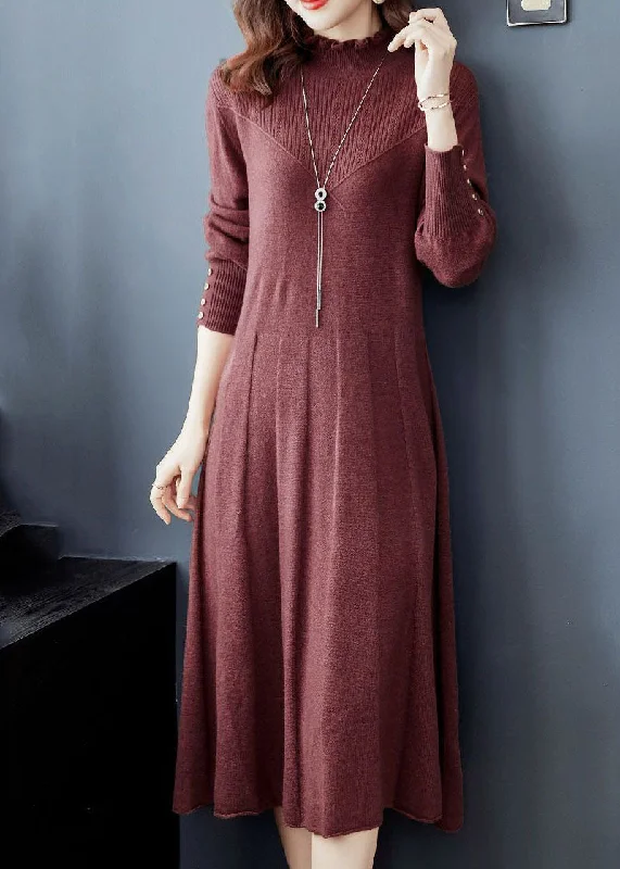 Women's Evening Clothing Everyday Wear Vintage Mulberry Ruffled Exra Large Hem Knit Sweater Dress Winter