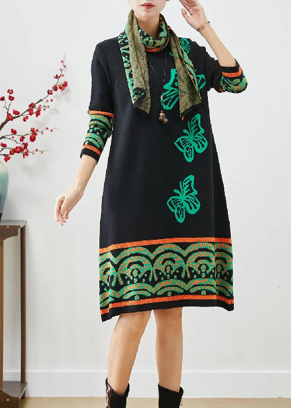 Women's Plus-Size Attire Update With Cottagecore Styles Boutique Black Print Complimentary Scarf Knit Dresses Fall