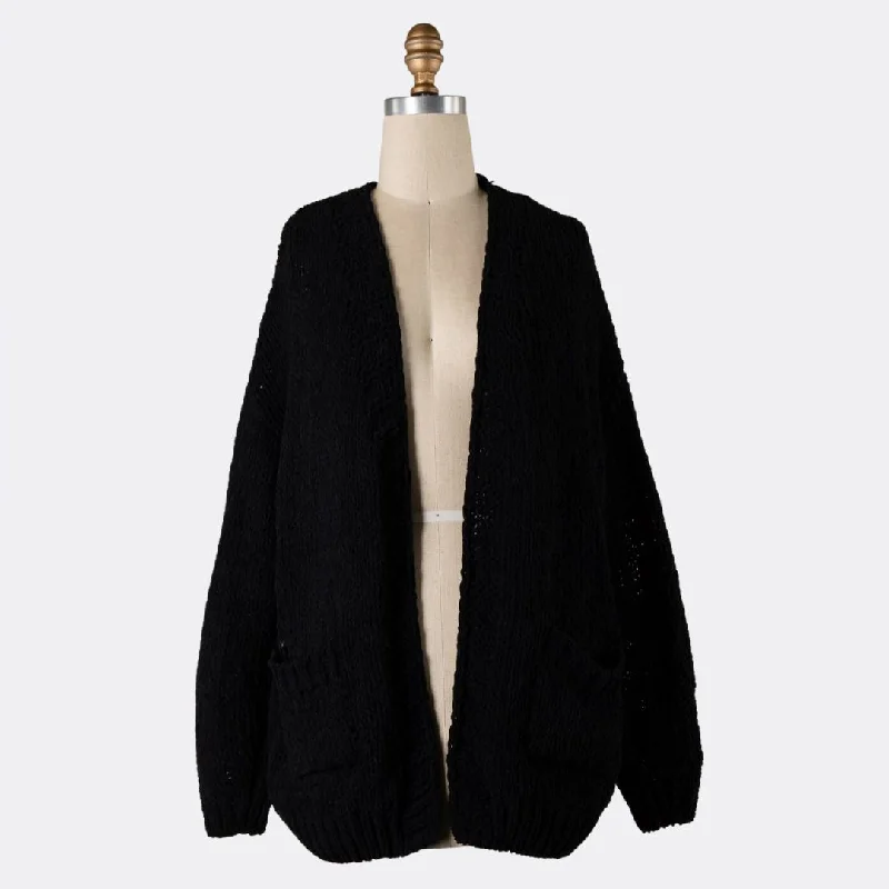 Women's Athleisure Apparel Summer Essentials Chunky Chenille Cable Knit Cardigan (Black)