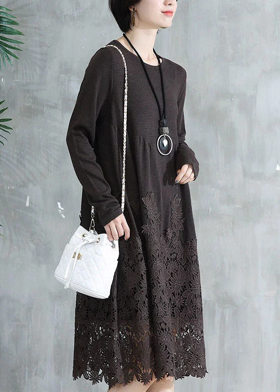 Women's Plus-Size Casual Outfit Effortless Sophistication Women Coffee O Neck Wrinkled Lace Patchwork Knit Dress Fall