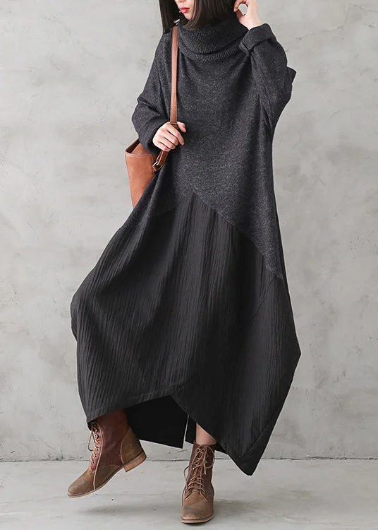 Classic Clothes For Women Stylish Savings Casual Dark Gray Turtleneck Button Linen Patchwork Knit Long Dress Fall